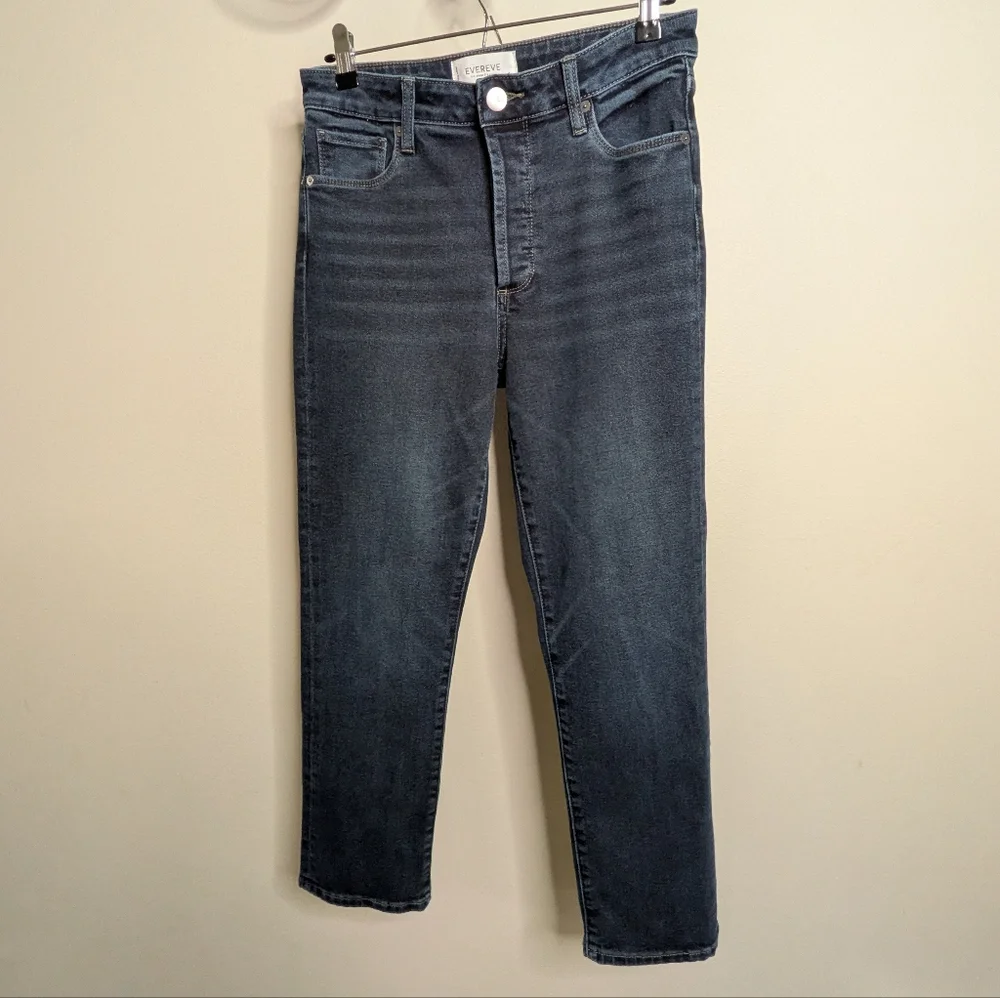 Evereve High Rise EVER Straight Button Fly Jean Deep Blue Wash - Picture 2 of 6